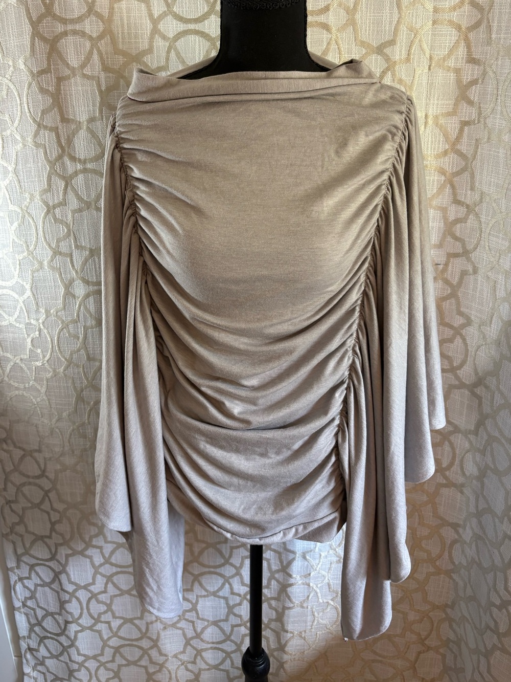 Draped Ruched Long-Sleeve Top in Light Taupe